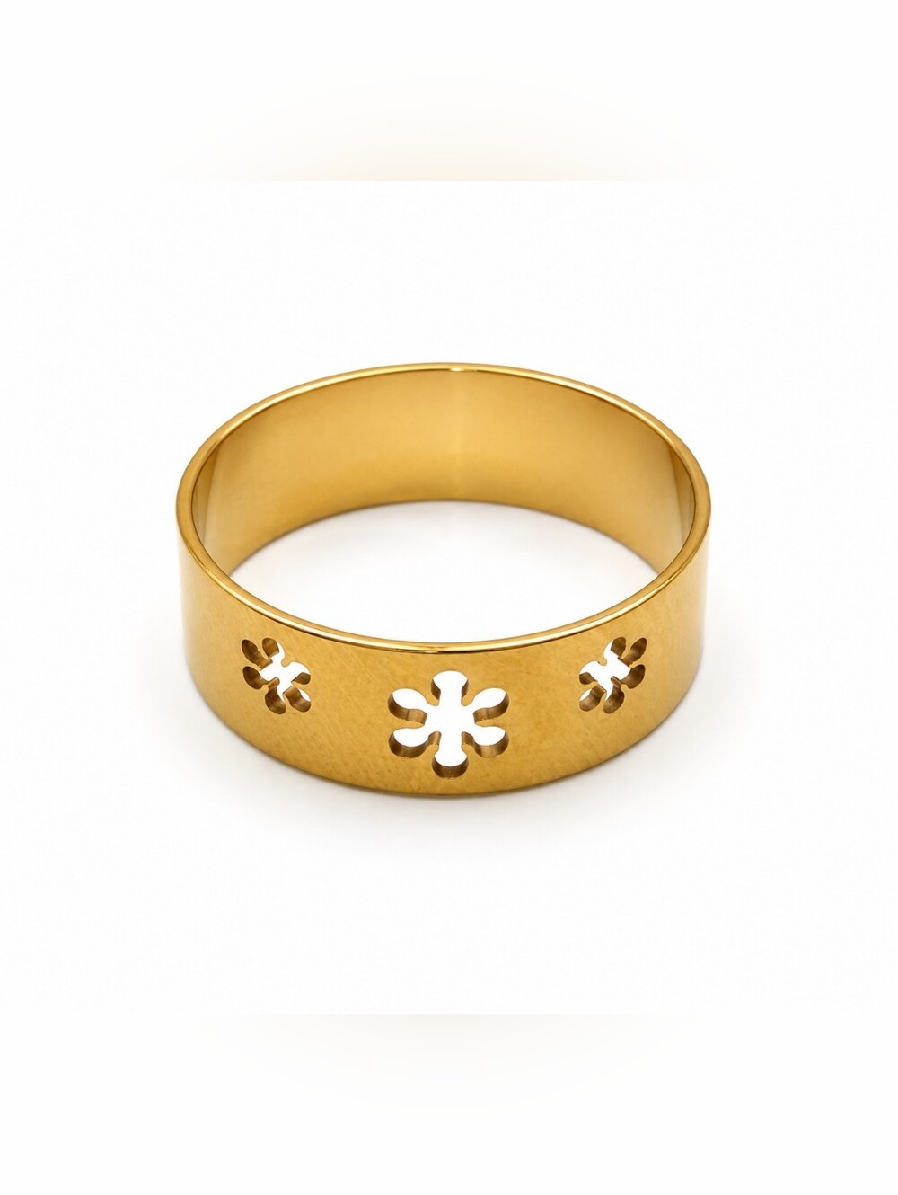 Gold Stainless Steel Floral Cutout Wide Band Ring Size 8.5 Boho Style NEW